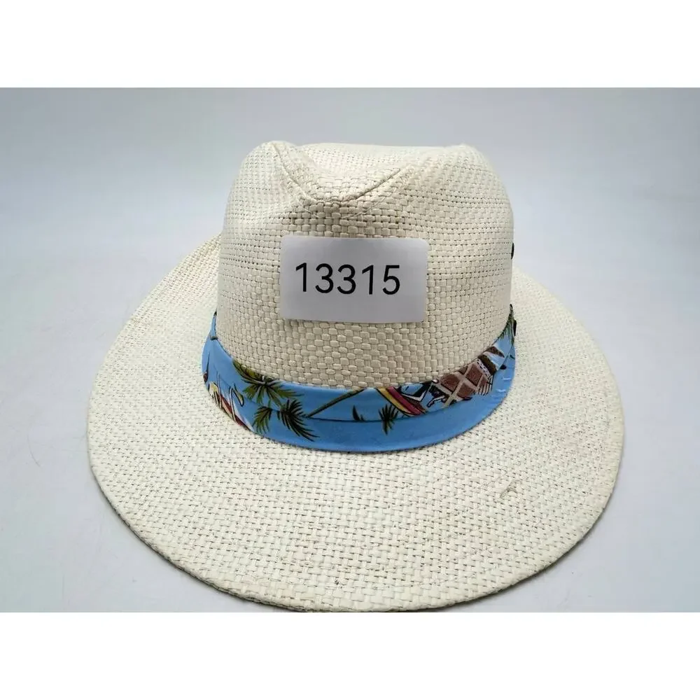 Island Beach Women's Large Paper Straw Wide Brim Sun Hat Tropical Band Beige